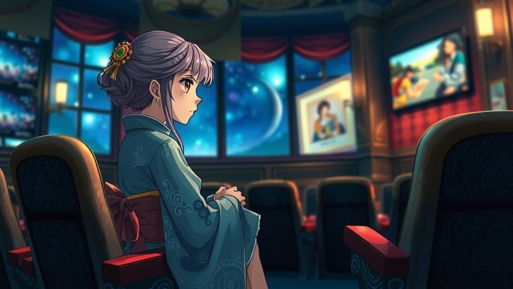 Anime Spider Girl Watches Movie in Whimsical Cinema