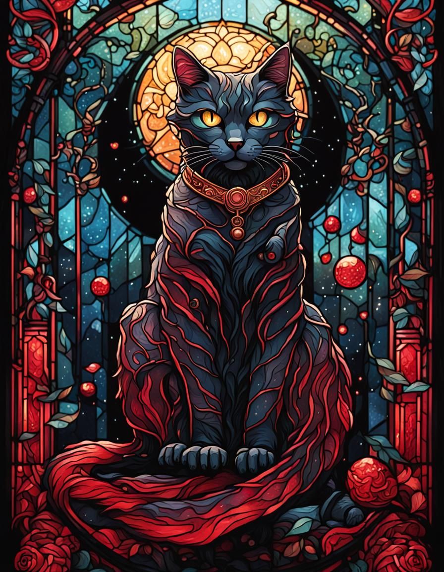 Stained Glass Cat in Hyperdetailed Illustration