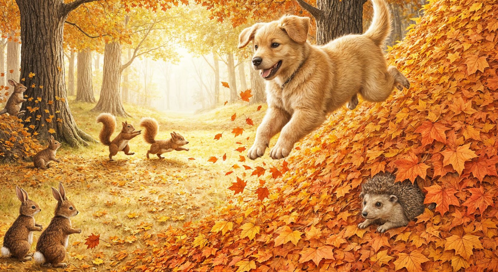 Adorable Animals Enjoying Autumn Leaves in Forest