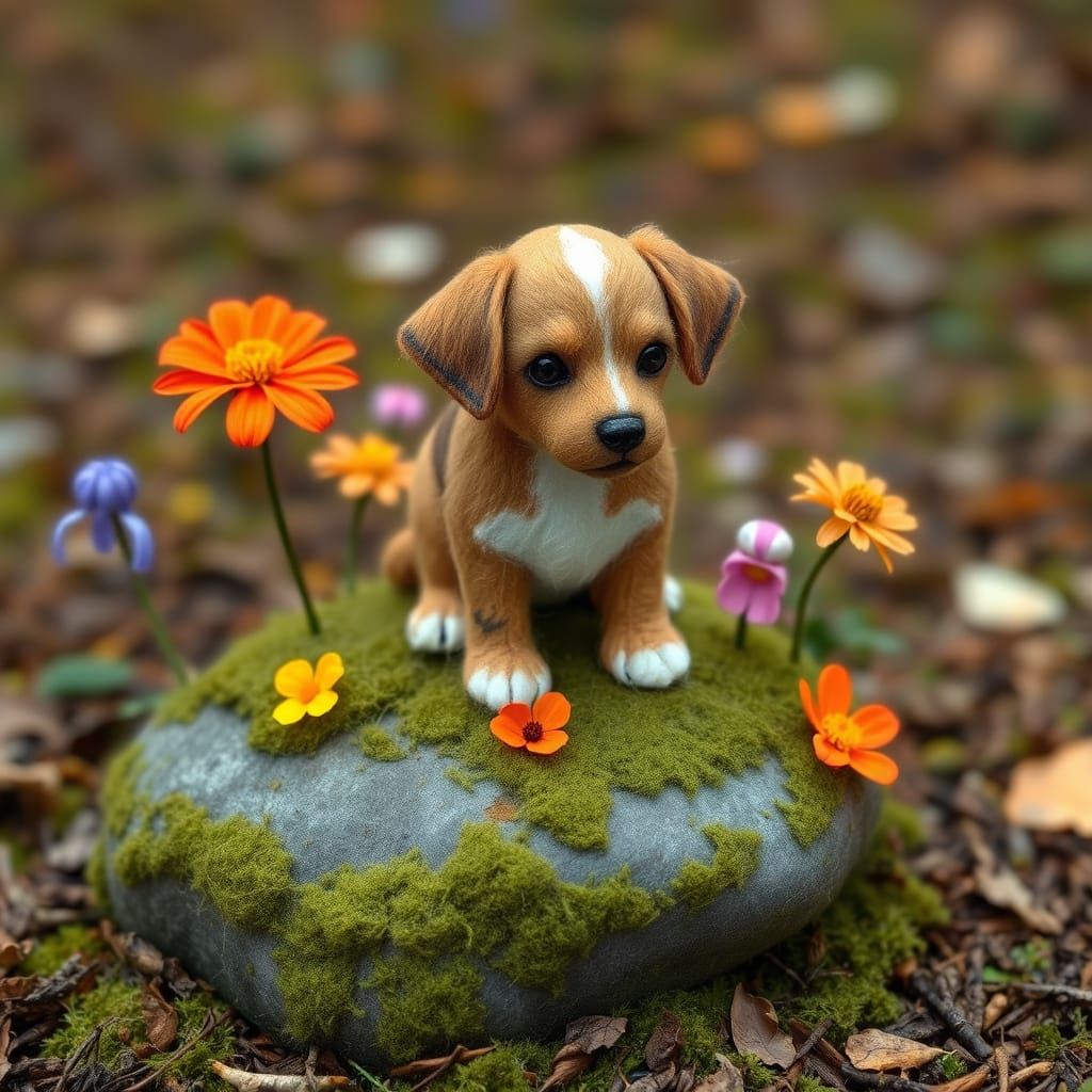 Felted Puppy Among Wildflowers, Whimsical Art