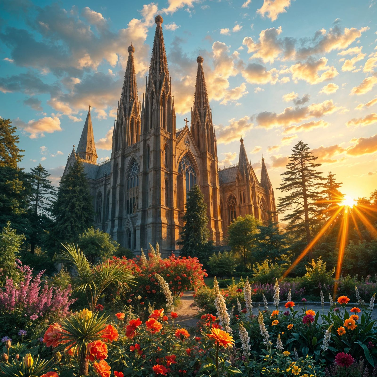 Majestic Cathedral in Serene Sunset Garden
