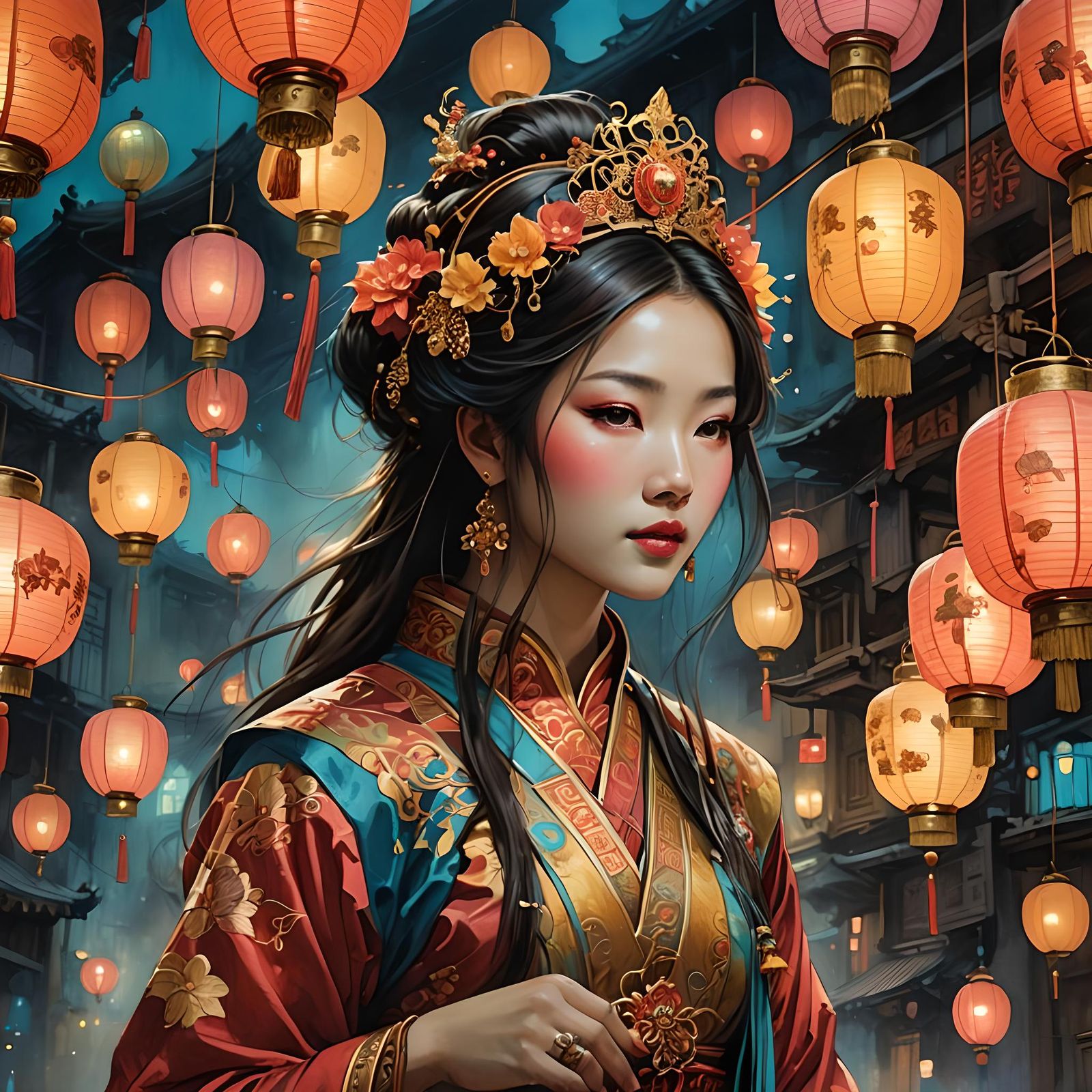 Fantastical Chinese Lanterns and Princess Illustration