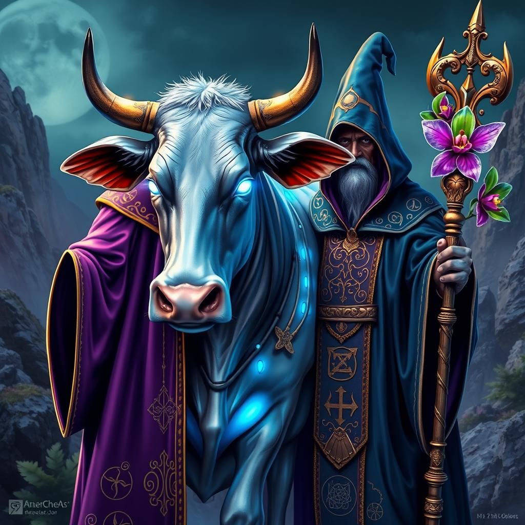Futuristic Cow and Wizard in Dreamlike Landscape