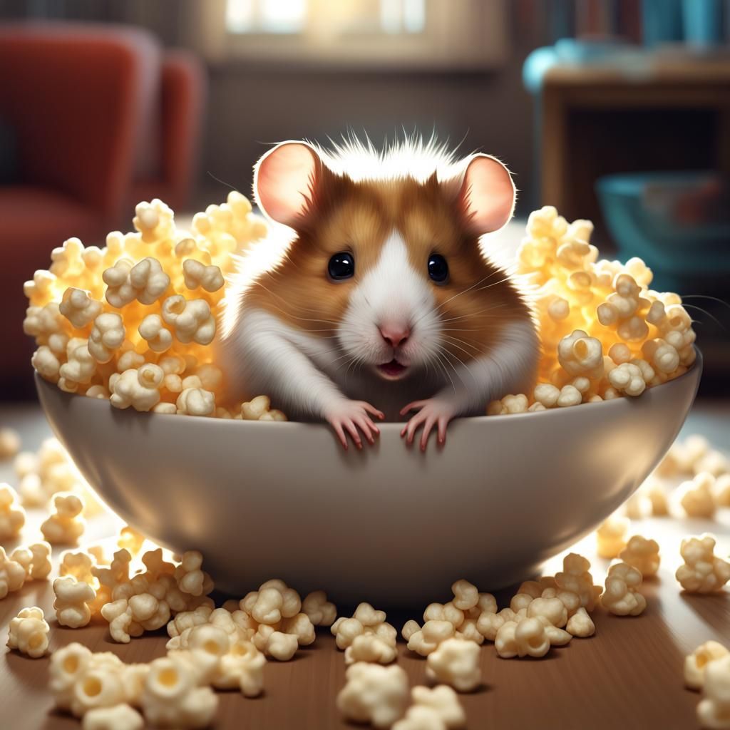 Anthropomorphic Hamster in Popcorn Bowl, Digital Art