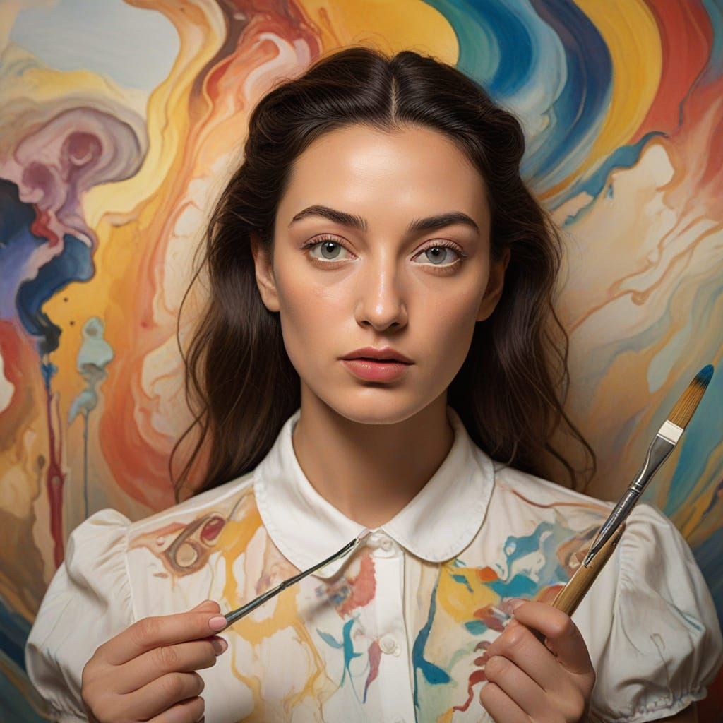 Whimsical Woman Contemplates Masterpiece in Vibrant, Dreamli...