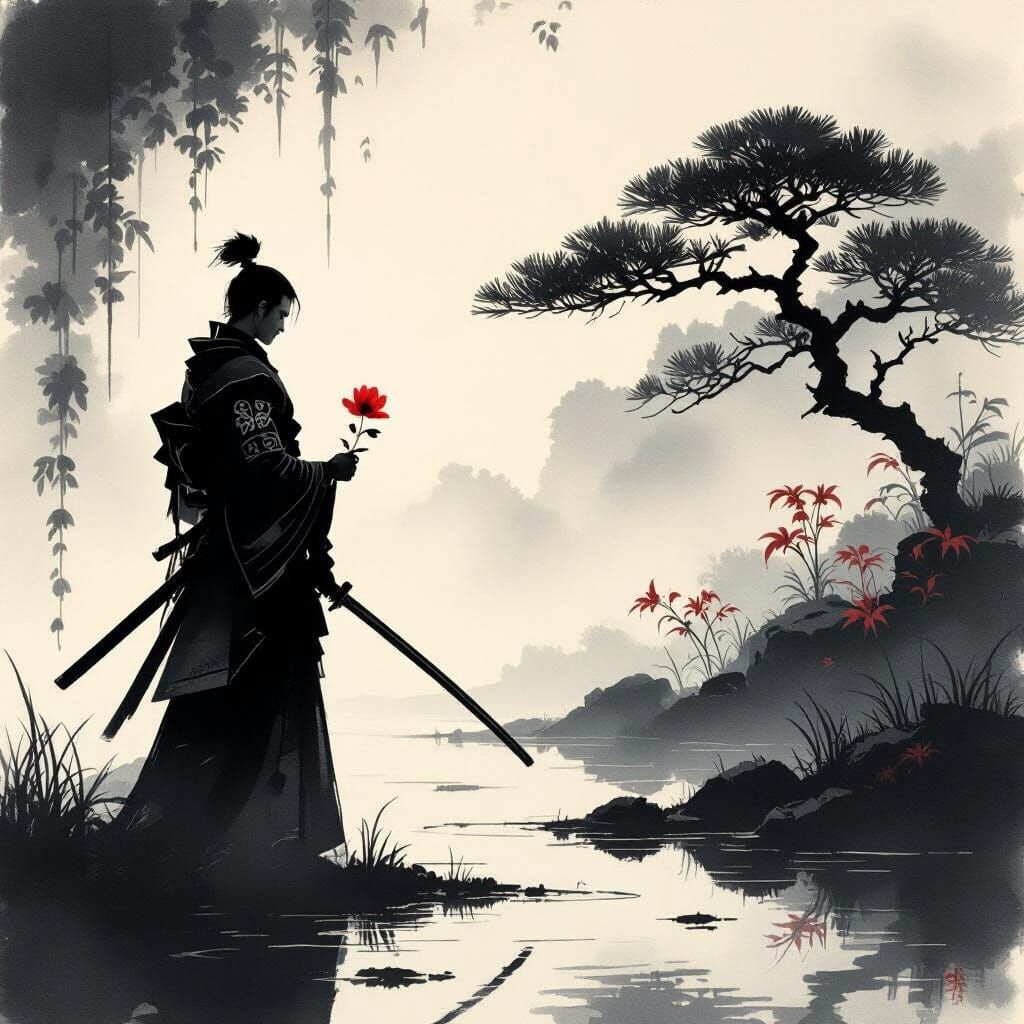 Samurai in Ink Garden: Transient Beauty with Chiaroscuro