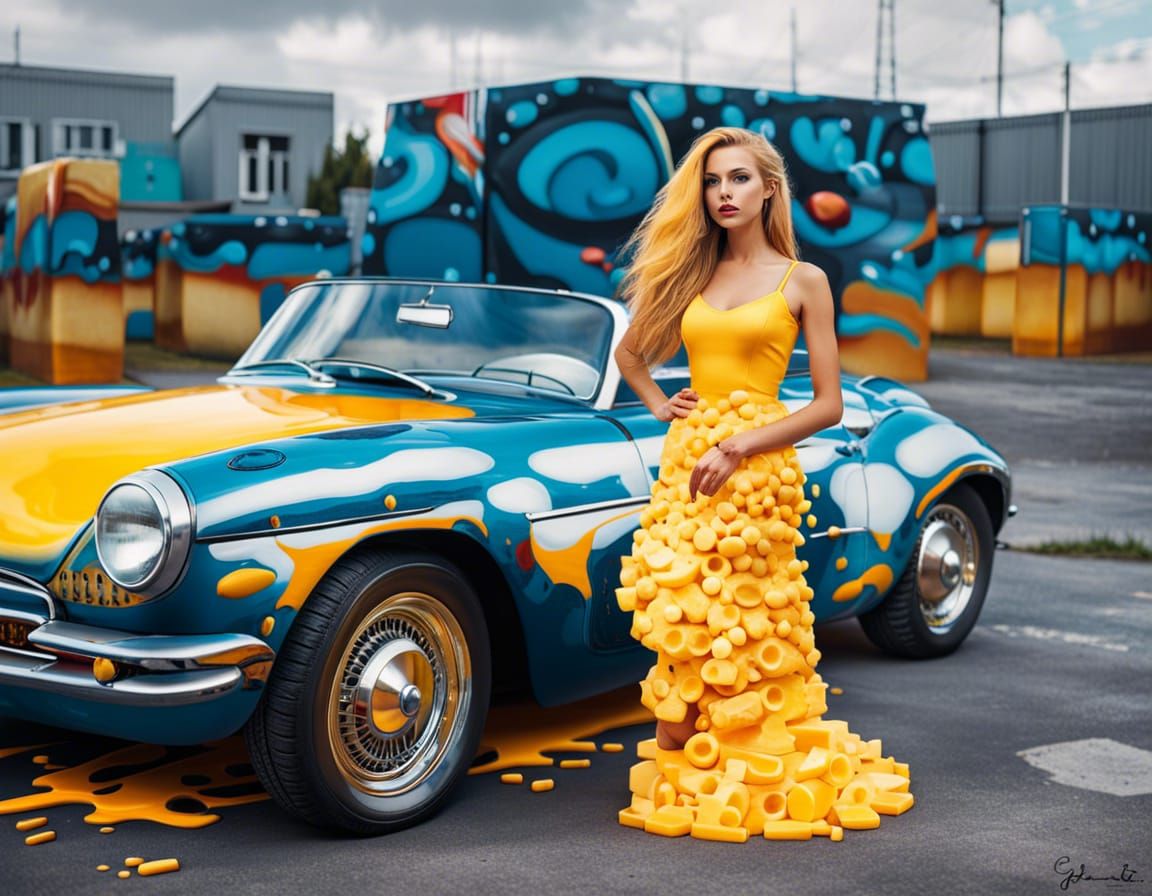 Girl in Cheese Dress Beside Gouda Car: Fine Art