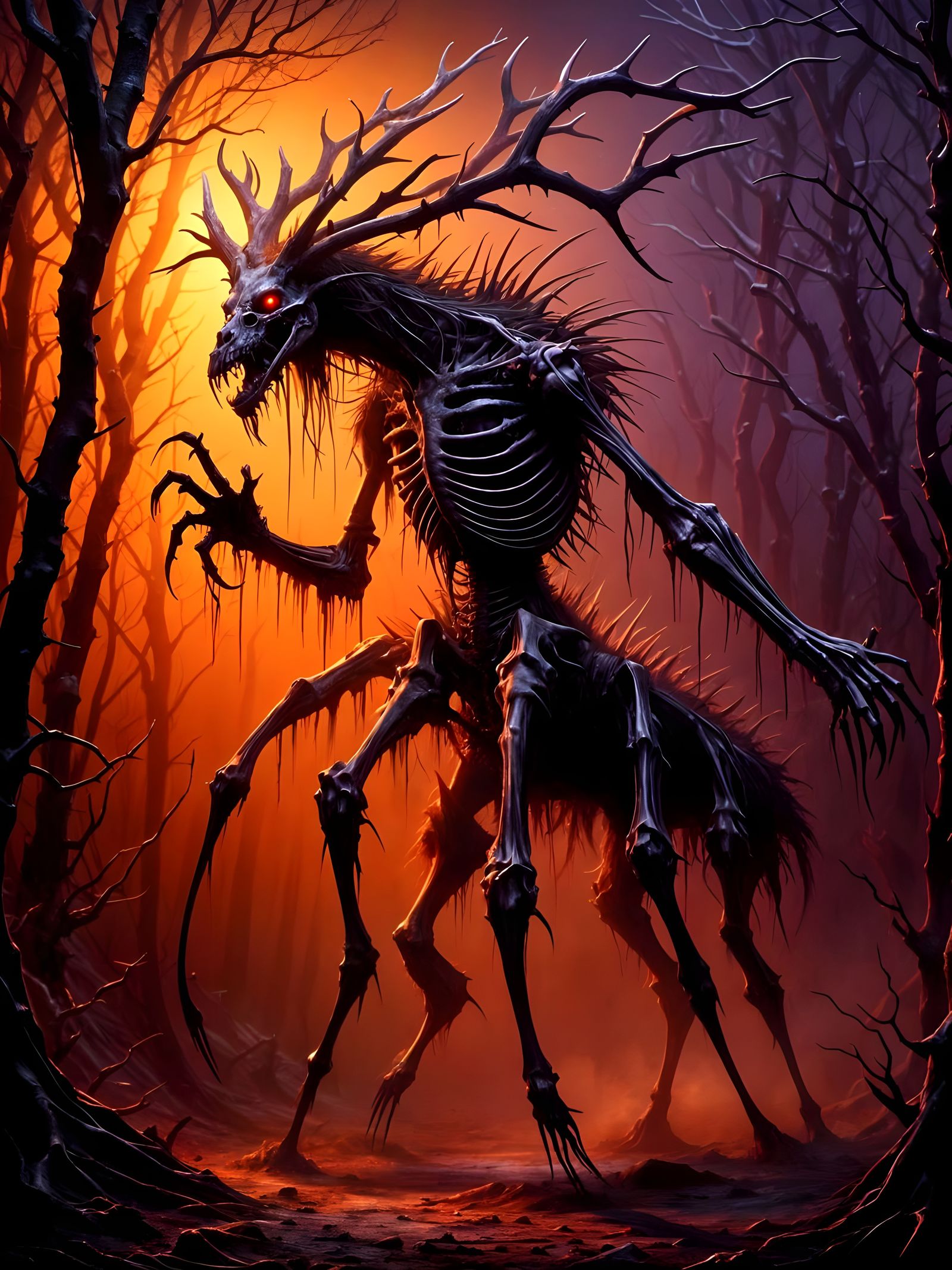 Scary Wendigo Monster with Antlers and Sharp Teeth