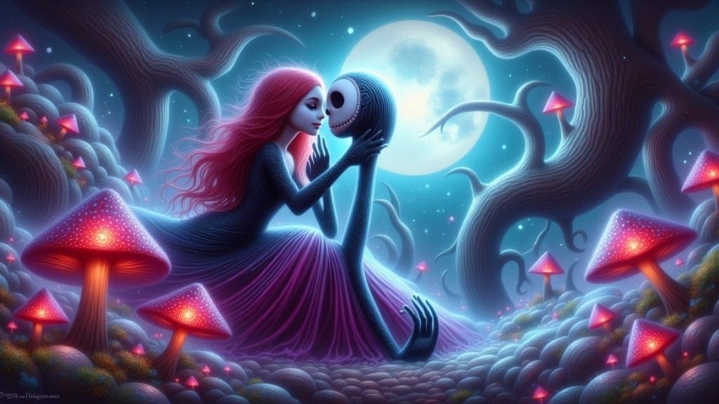 Ethereal Jack and Sally in a Whimsical Twilight Forest