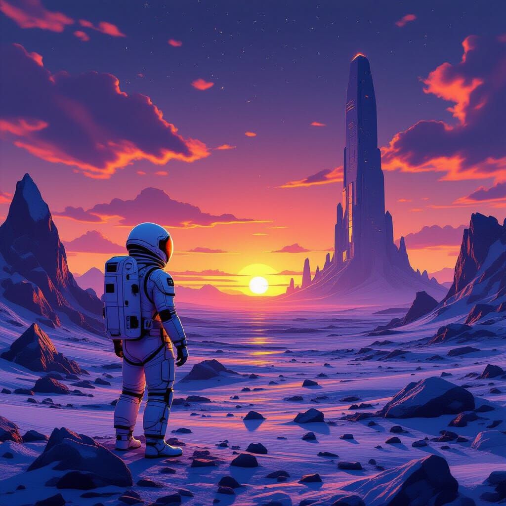 Astronaut on Alien Planet at Binary Sunset