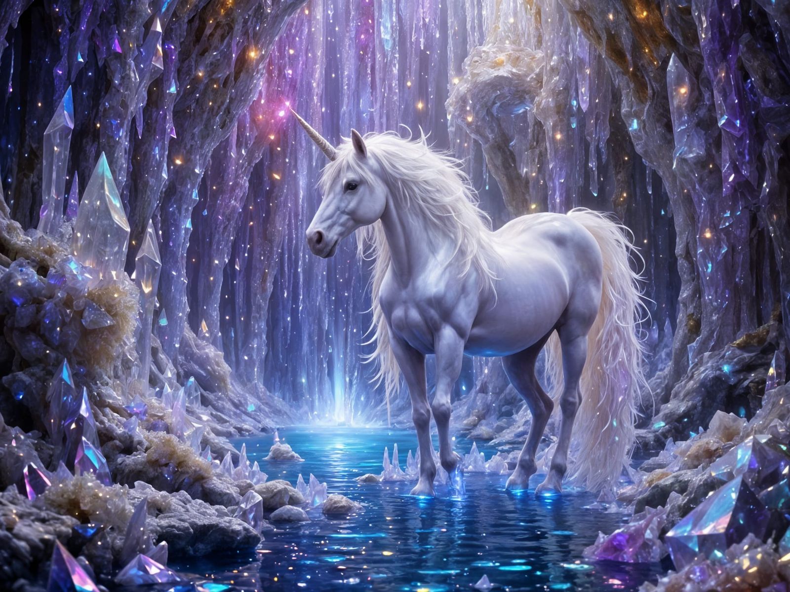 Majestic Unicorn in Crystal Cave with Pearlescent Glow