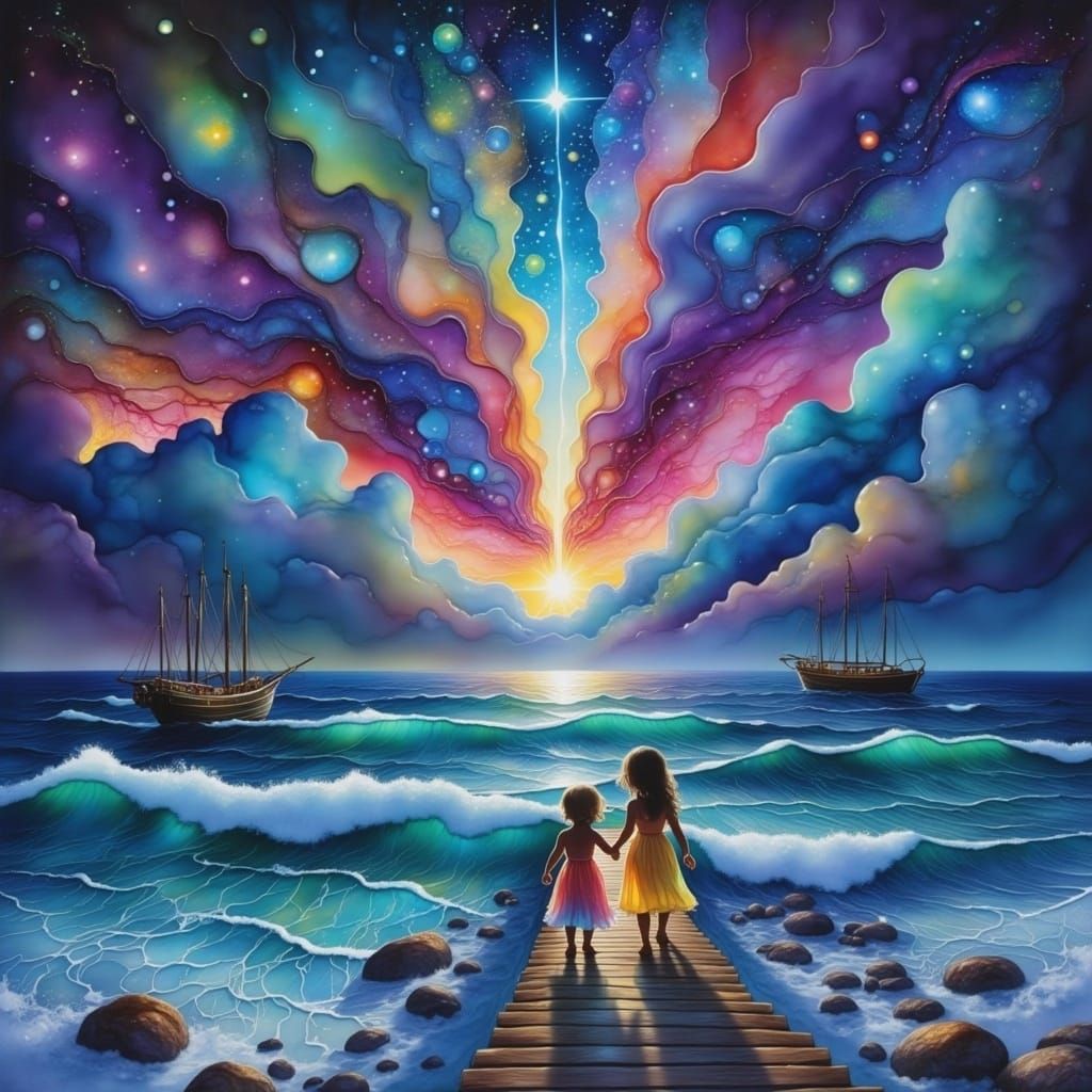 Children's Cosmic Pier Walk: Holographic Astral Illustration