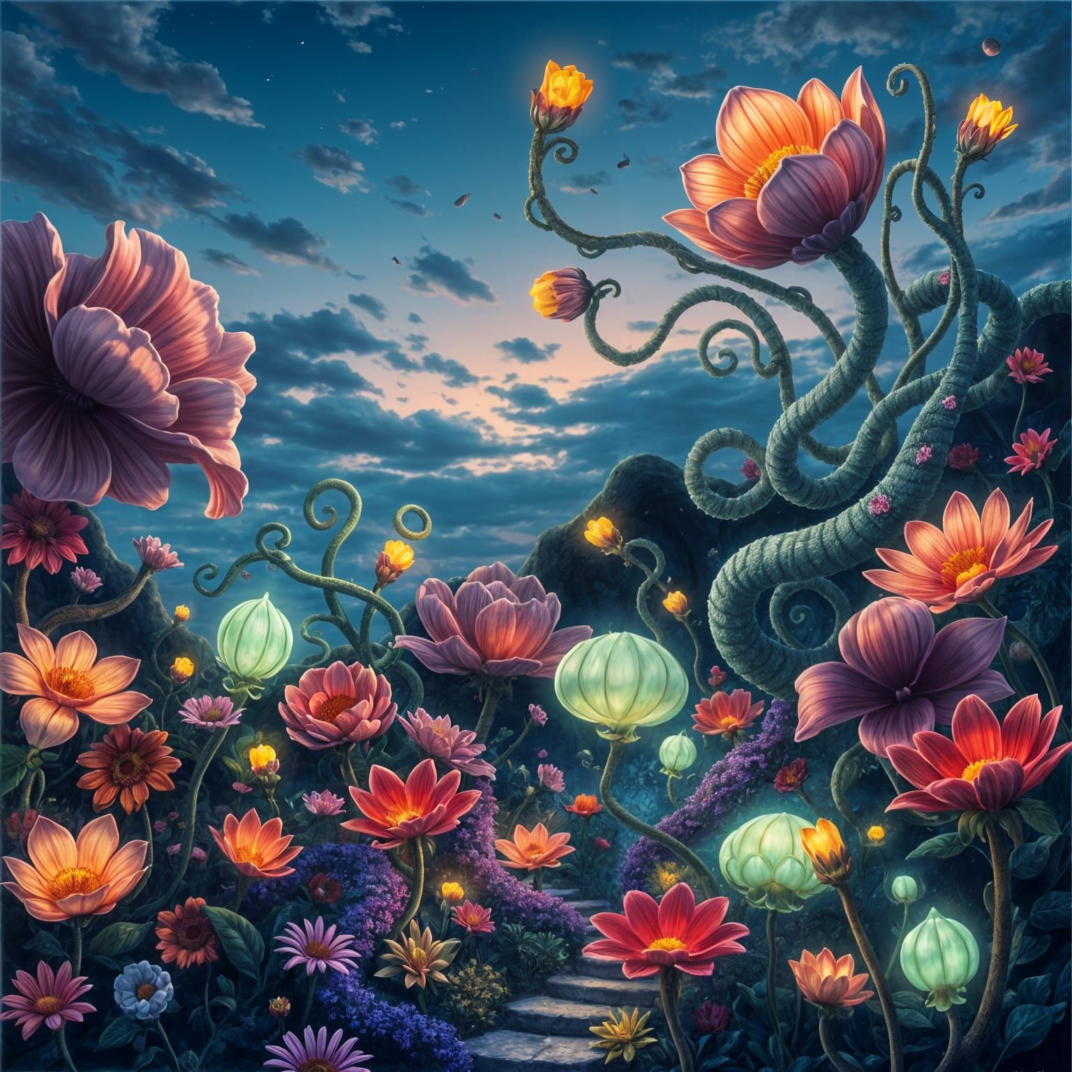Twilight Garden: Bioluminescent Flora in Surreal Digital Pai...