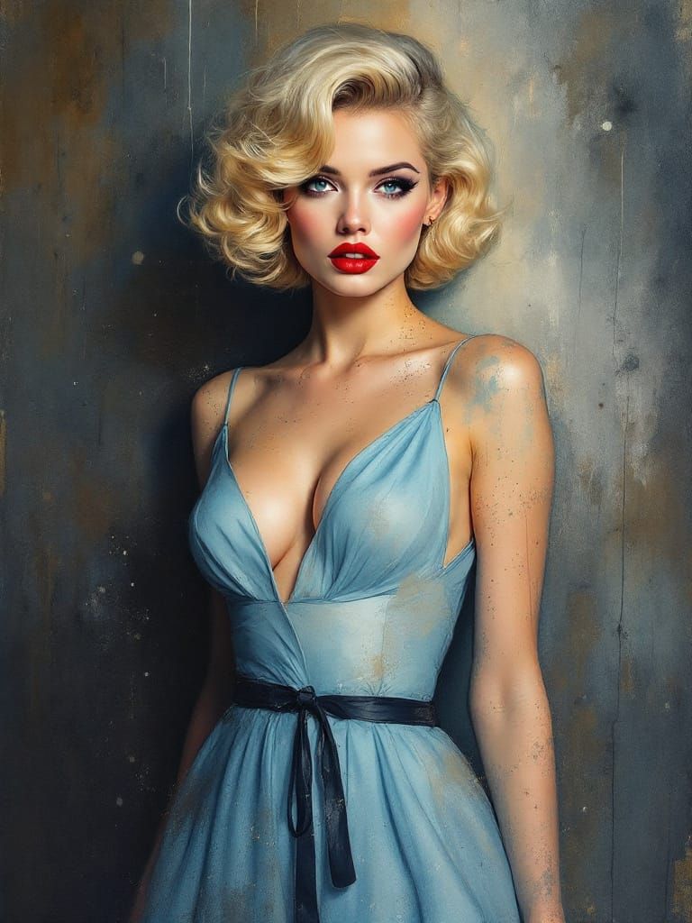 Blond Pin-Up Woman in Blue Dress, Moody Atmospheric Painting