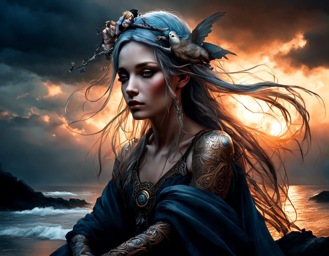 Viking Shieldmaiden with Wounded Bird: Gothic Norse Art