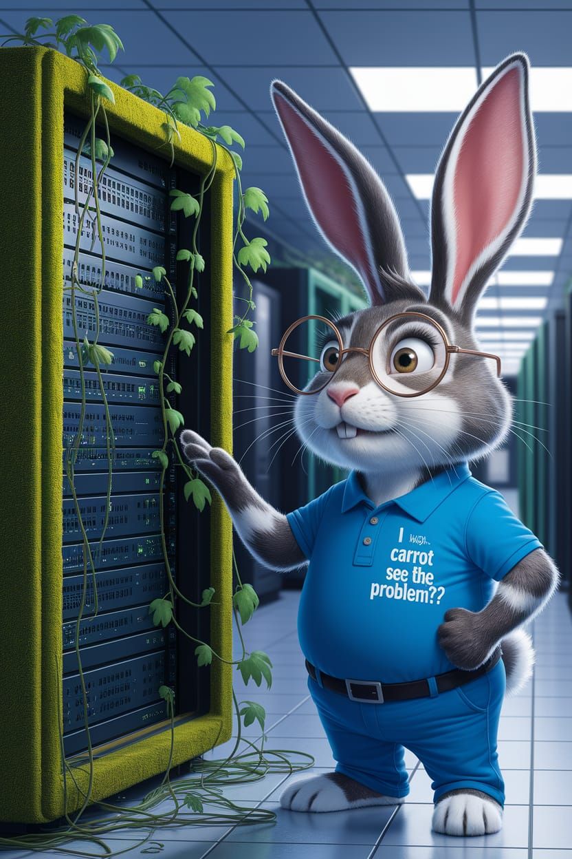 Confused Rabbit IT Support in Overgrown Office