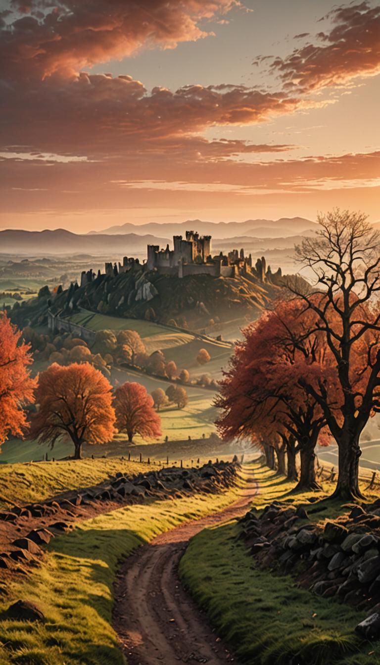 Majestic Sunrise Landscape with Ruined Castle
