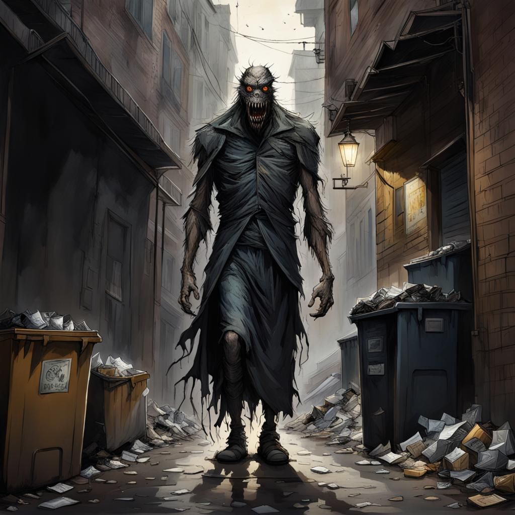 Garbage Monster Lurking in Alleyway: Horror Art
