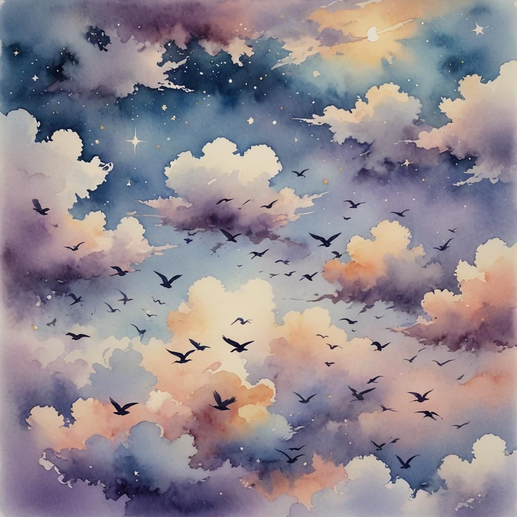 Birds in Flight Through Dreamy Clouds as Watercolor