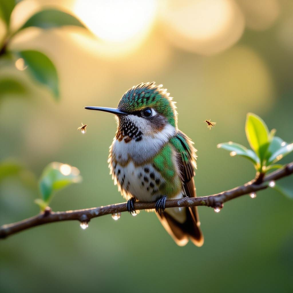 Sleepy Hummingbird in Dewy Dawn Light