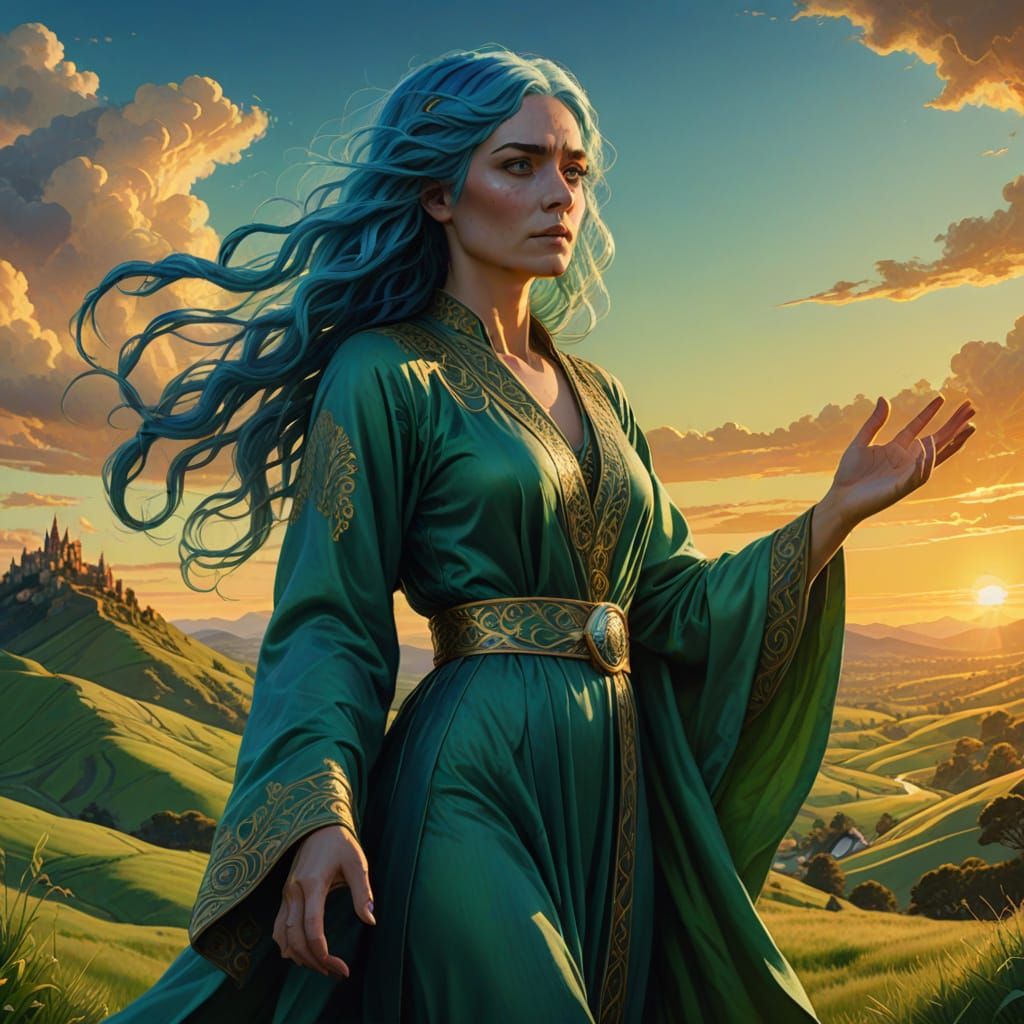 Art Nouveau Woman on Hill: Digital Matte Painting