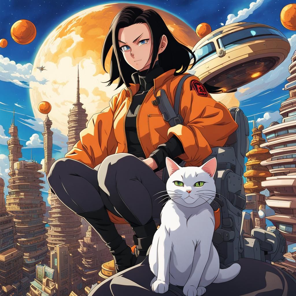 Android 17 Cat in Futuristic City, Anime Style