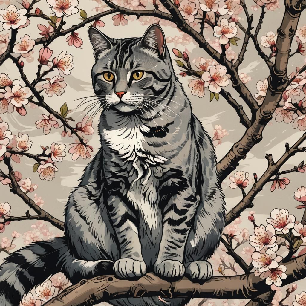 Cat in Cherry Tree: Ukiyo-e Woodcut Style