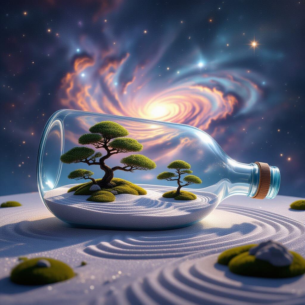 Zen Garden in a Bottle Amidst Cosmic Nebula