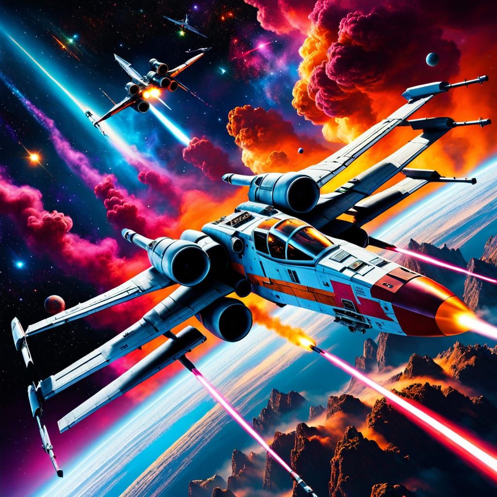 X-Wing Fighter Soaring Through Nebula in Aerograph Style