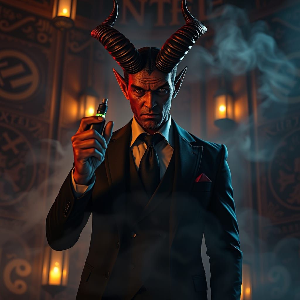 Sleek Demon Smokes Vape in a Smoky, Mystical Lair