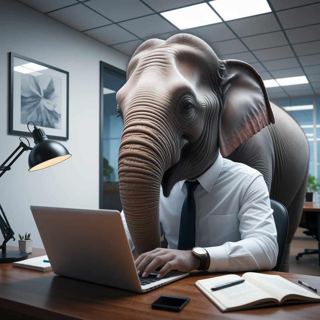 Elephant Works in Miniature Office with Laptop
