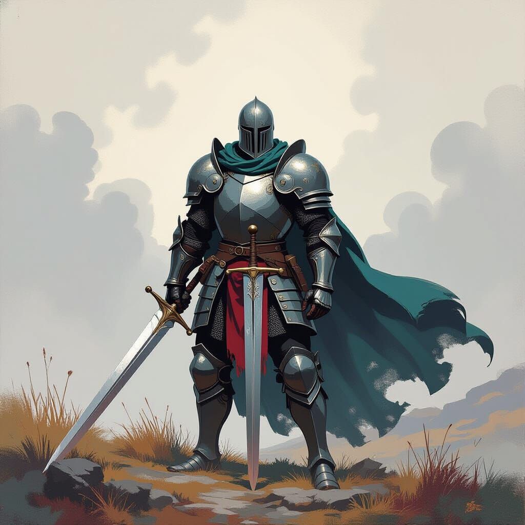 Knight in Misty Landscape, in Fantasy Art Style