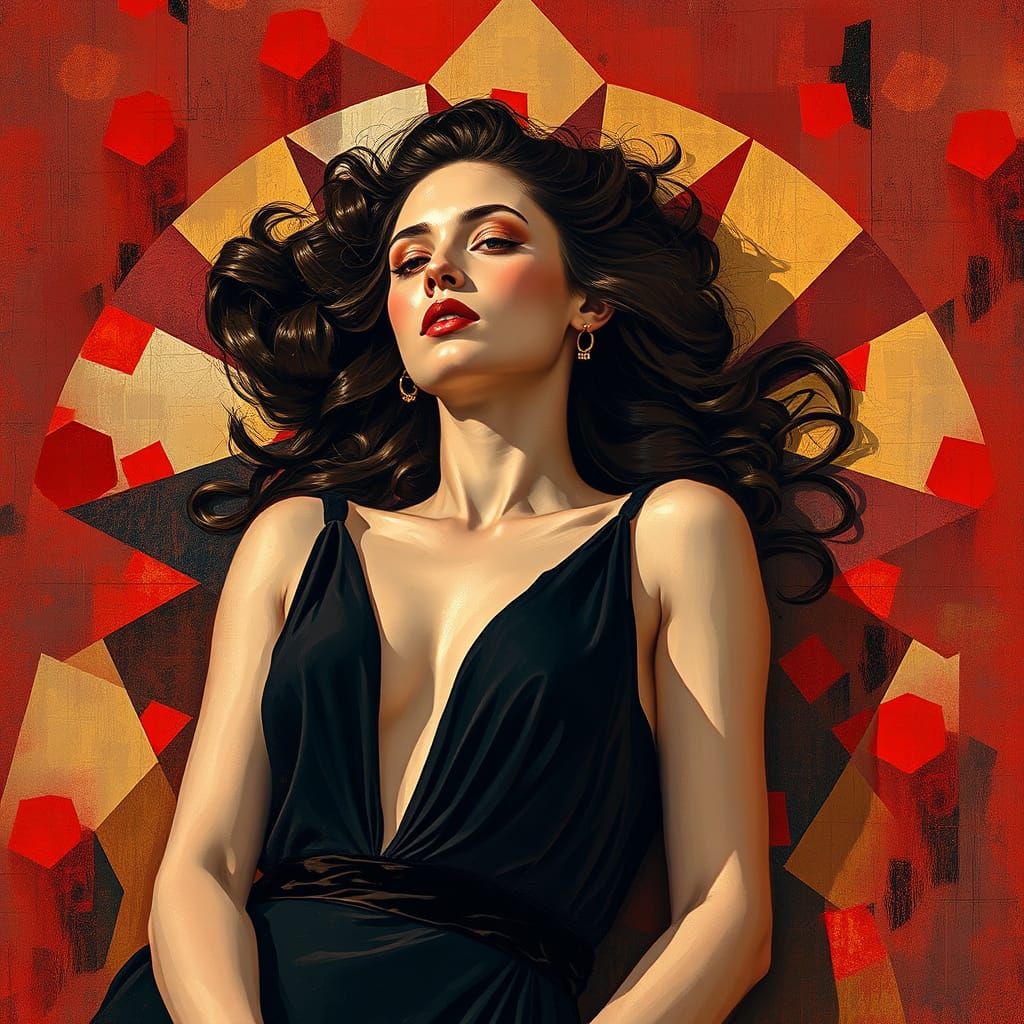 Woman in Geometric Field, Expressive Painting