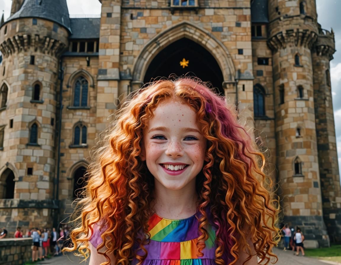 Girl with Rainbow Dress in Neon City, Digital Art