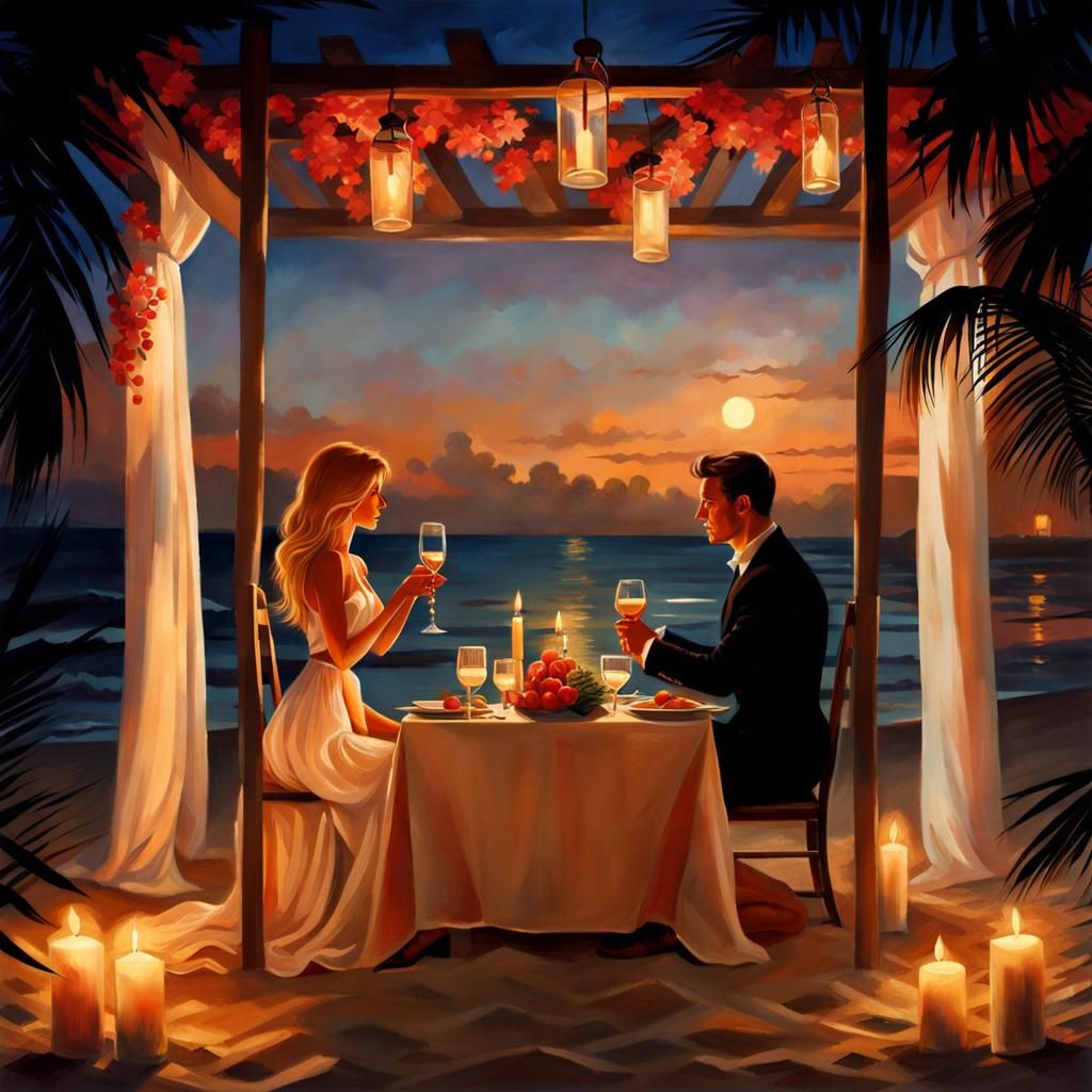 Romantic Beach Dinner in Gouache Style