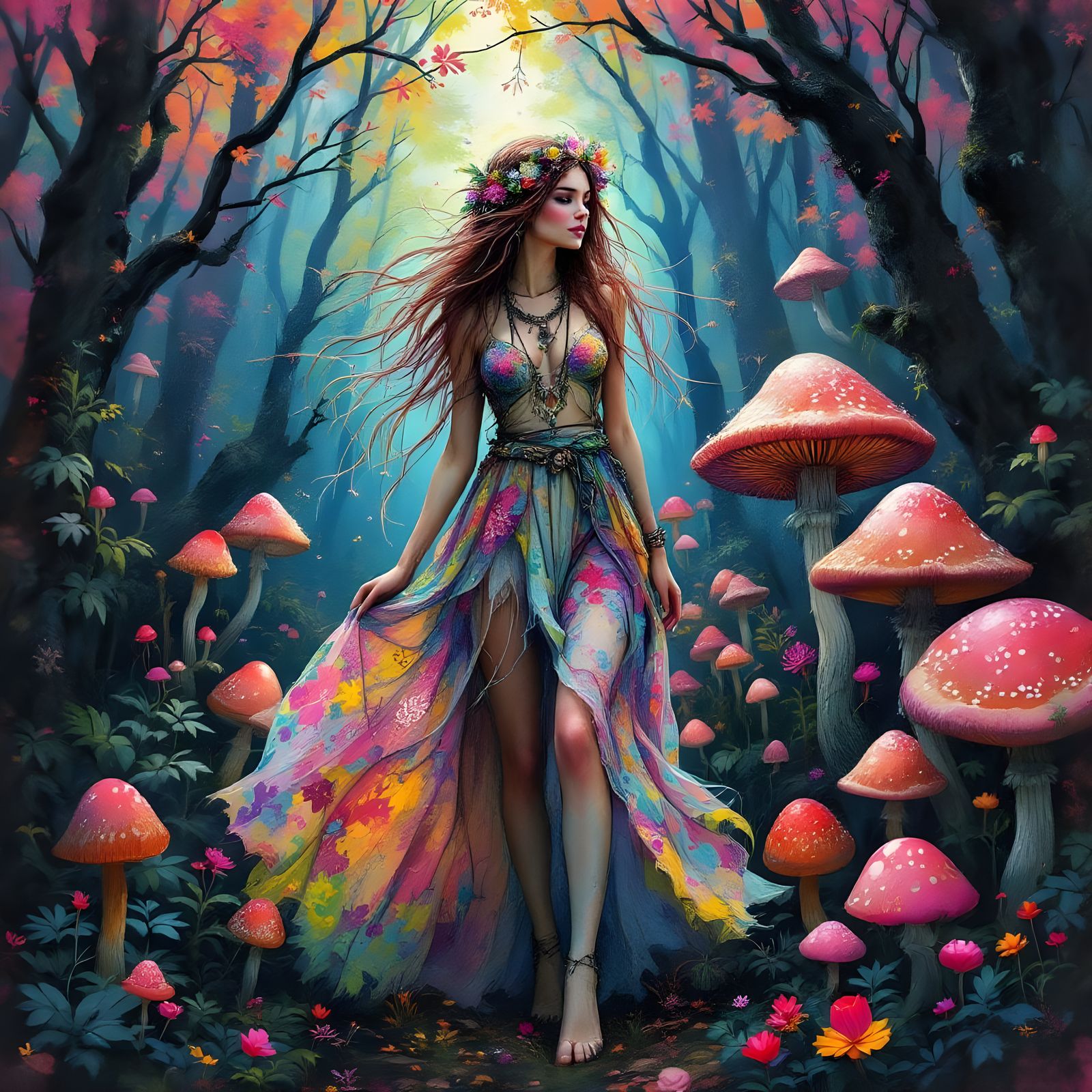 Psychedelic Forest Fairy in Magical Setting