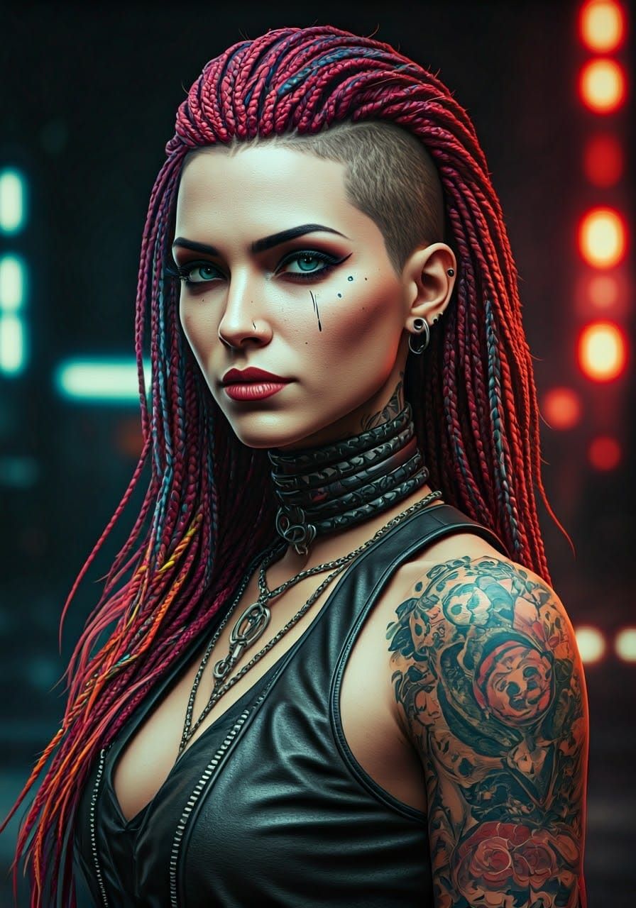Cyberpunk Woman in Vibrant Braids and Intricate Tattoos