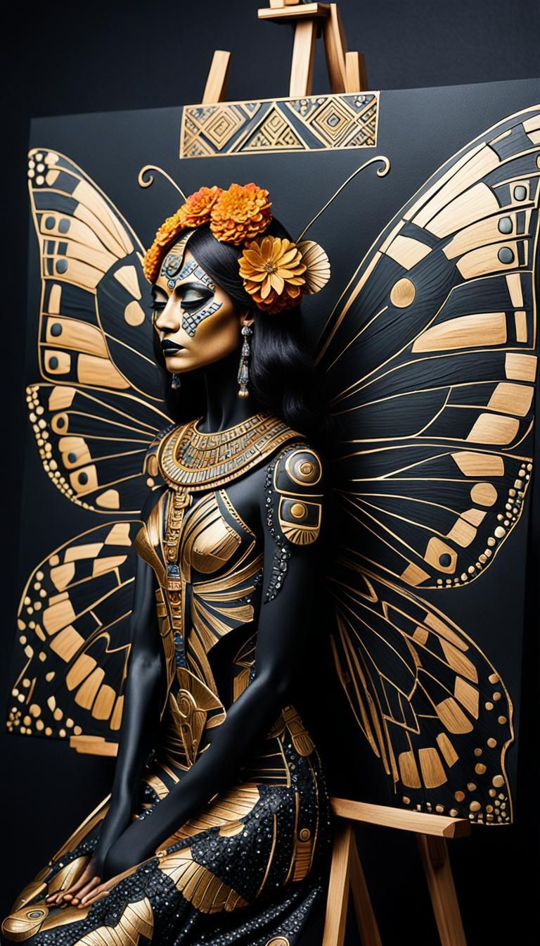 Obsidian Butterfly Goddess Painting in Cubist Style