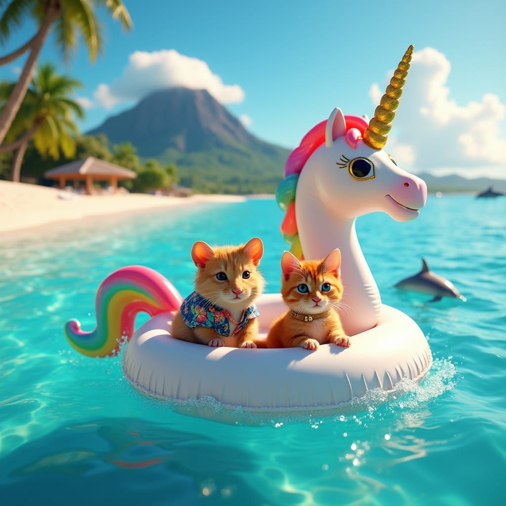 Whimsical Tropical Oasis with Hamster, Cat, and Dolphins