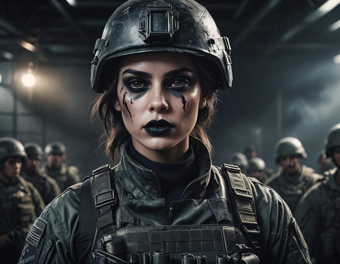 Hyper-Realistic Female Soldier in Dark Military Base