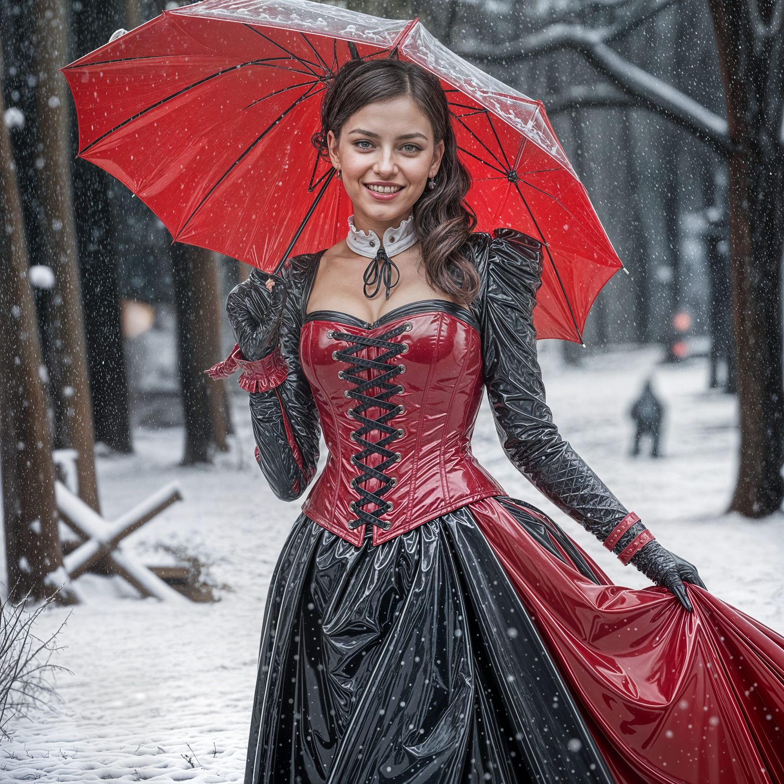 Woman in Red Latex Dress in Snow