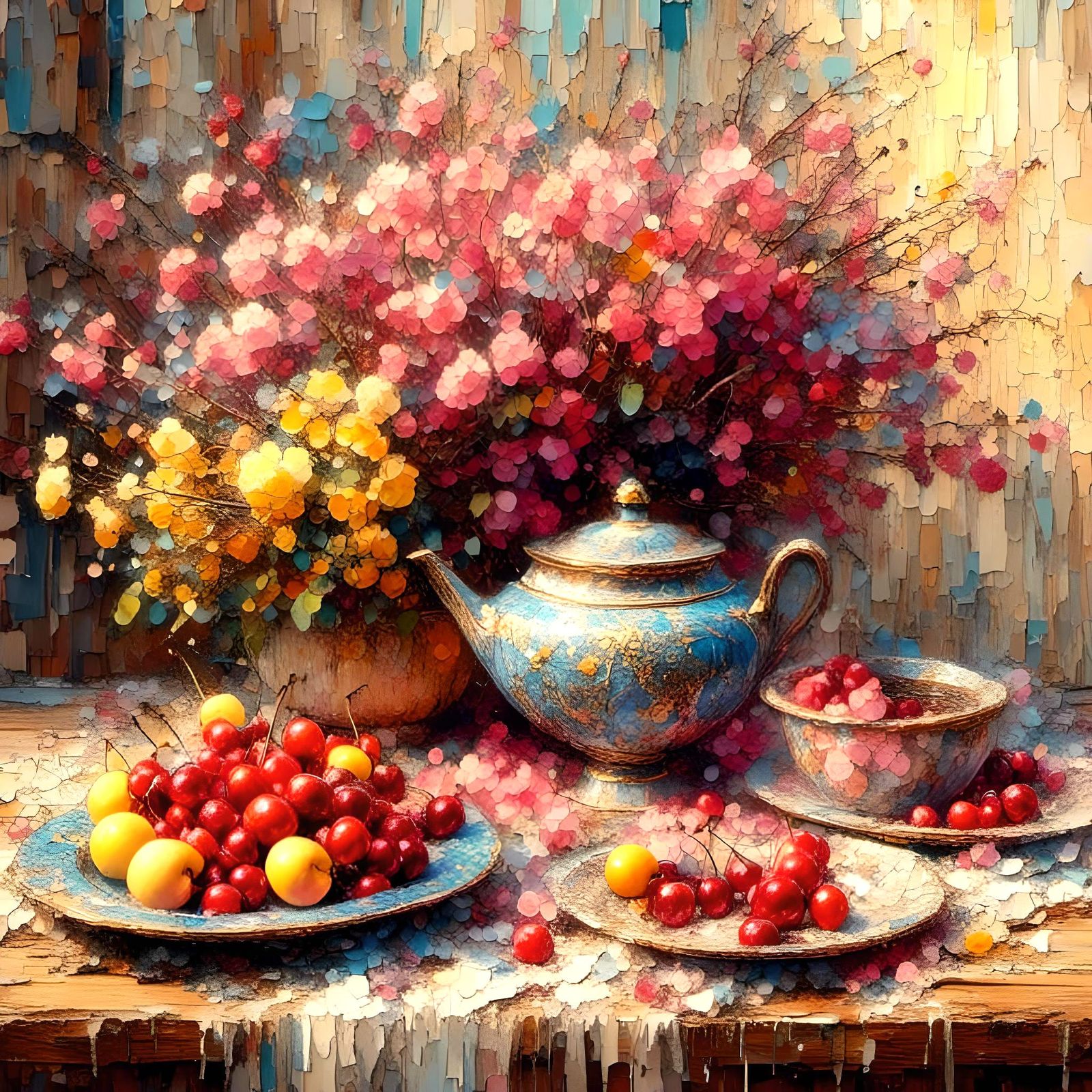 Cherries Still Life in Soft Watercolor Style