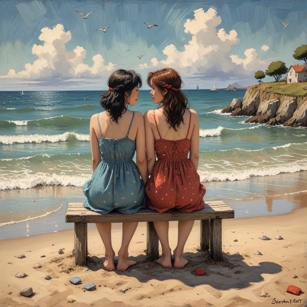 Women at the Beach in Naive Art Style
