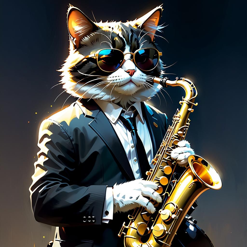 Cartoon Cat Plays Saxophone in Disney Style