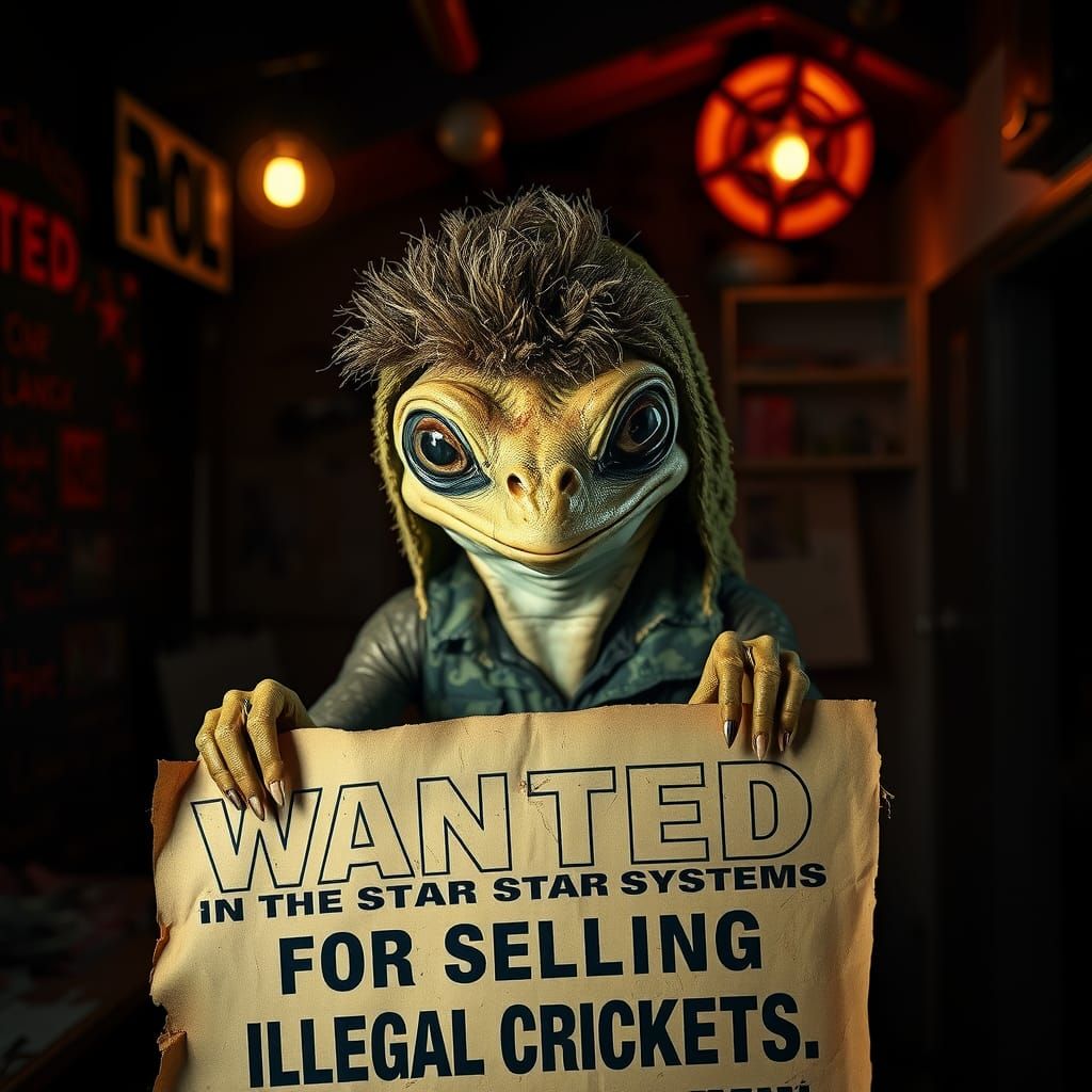 Frog-Bee Alien Wanted Poster in Cinematic Style