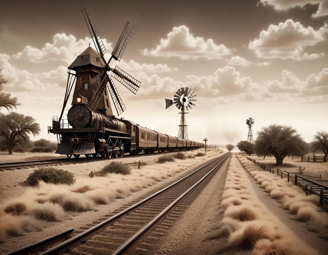 Texas Ranch: Train and Windmill in Sepia Tones