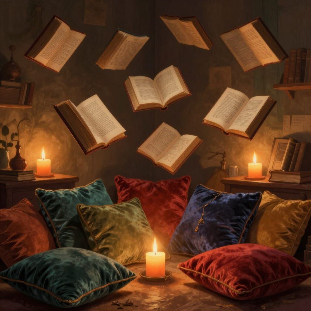 Magical Study with Floating Books and Candlelight Glow