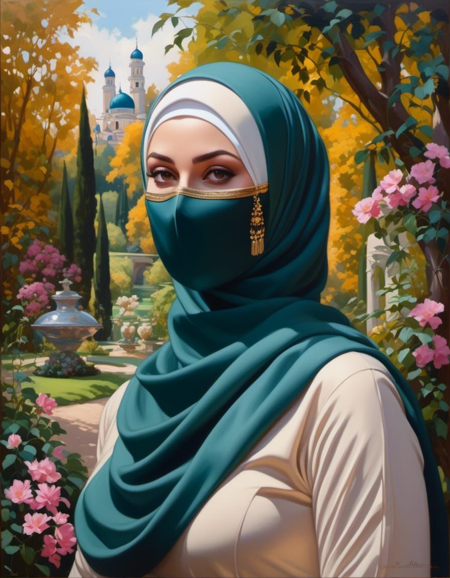Woman with Hijab and Mask in Forest Garden