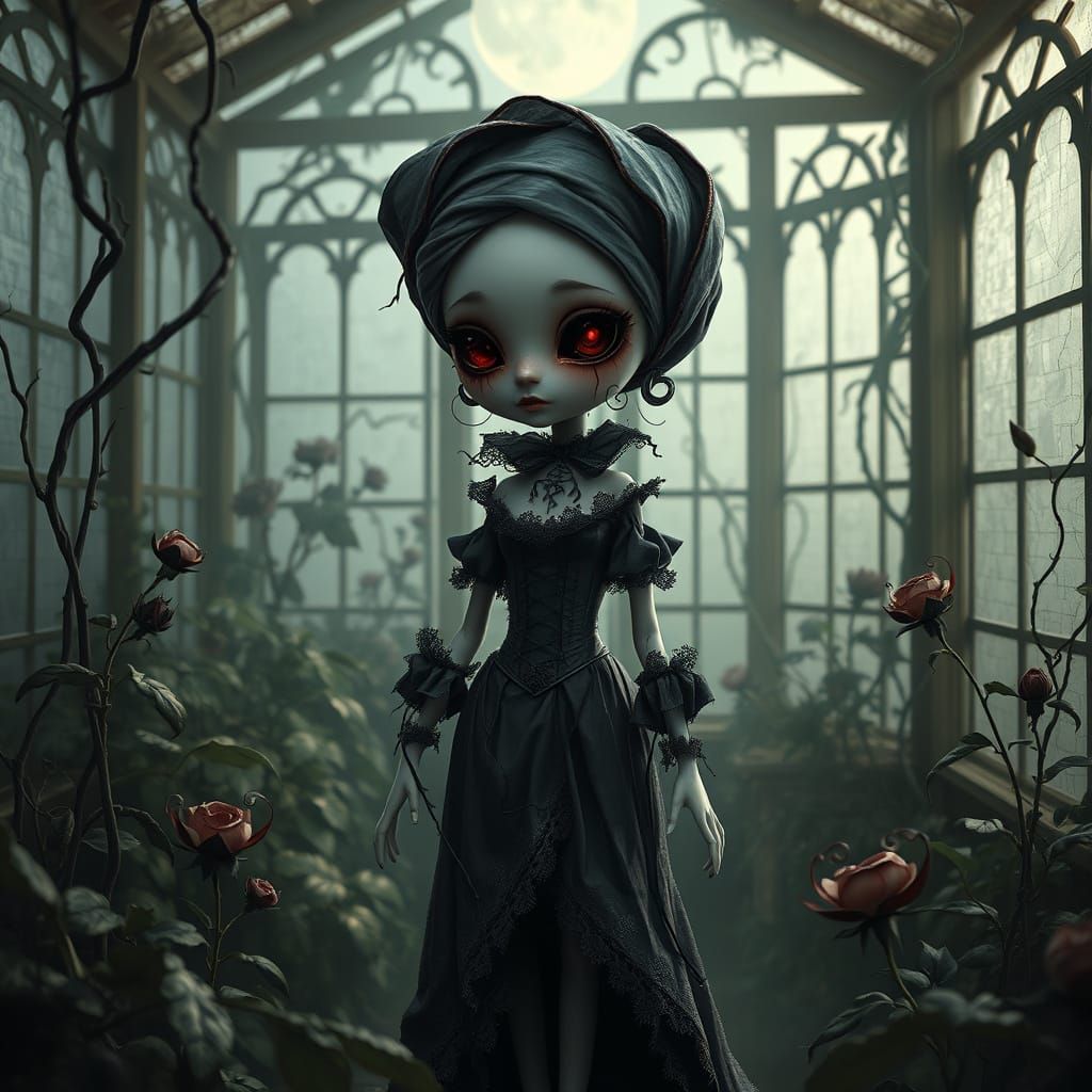 Surreal Gothic Rose Marionette in a Haunted Greenhouse