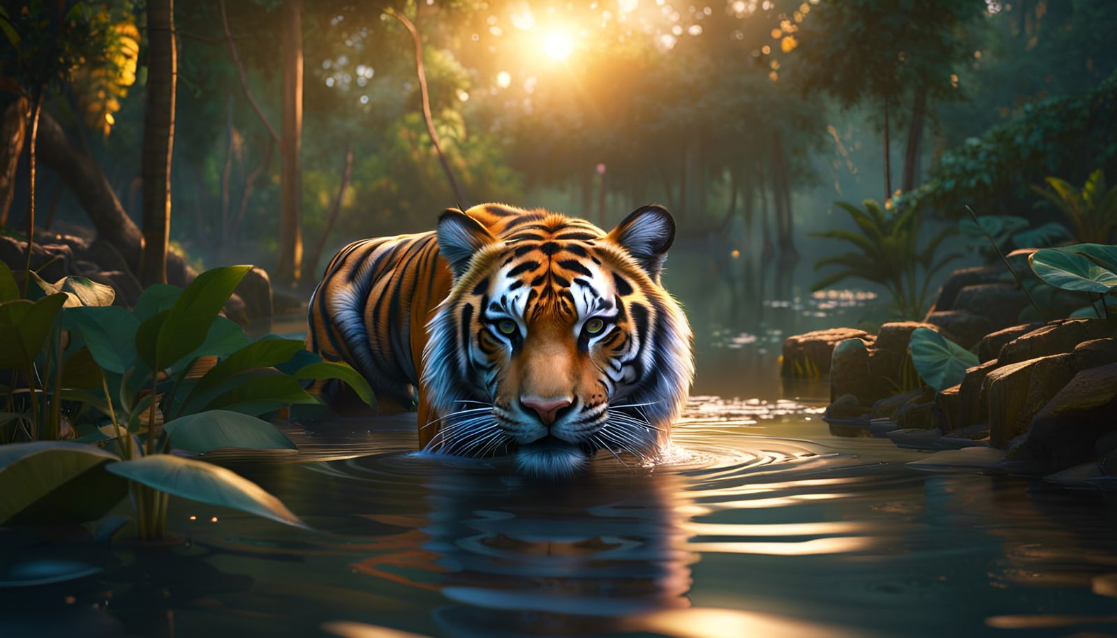 Hyperdetailed Tiger in Thailand Jungle at Sunset
